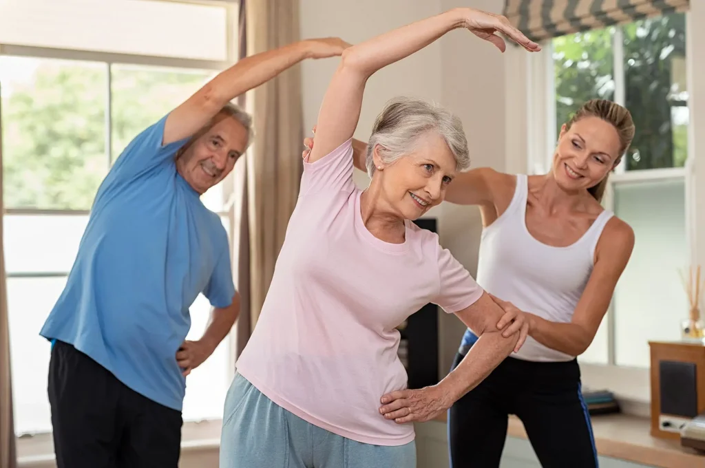 In-home fitness exercises for seniors designed to improve balance and reduce fall risk.
