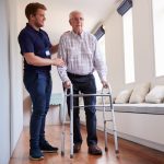 Senior using a rolling walker safely with proper posture, clear pathways, and secure non slip wheels to prevent falls.