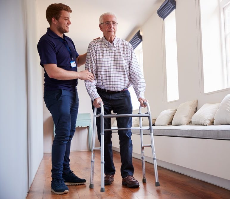Senior using a rolling walker safely with proper posture, clear pathways, and secure non slip wheels to prevent falls.