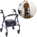 Senior using a rollator walker safely with proper posture, engaged brakes, and steady movement to prevent falls.