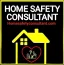 Logo for Home Safety Consultant featuring a yellow house outline with a red heart inside. The heart contains an icon of a person in a wheelchair facing a set of stairs with a question mark.