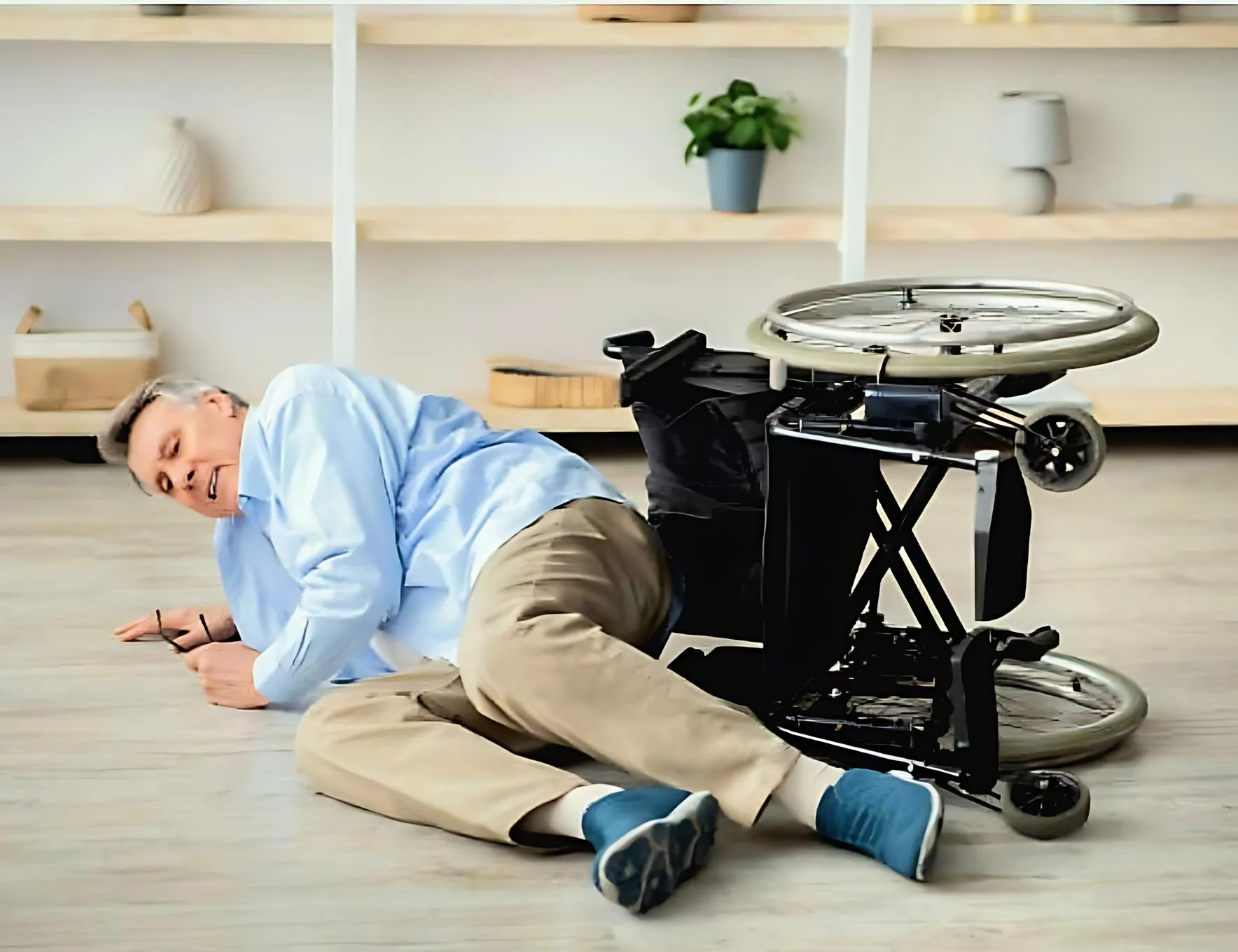 Elderly man on floor beside a tipped wheelchair after a fall at home, highlighting senior fall risk and the importance of fall prevention safety measures.
