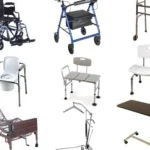 Durable medical equipment including a walker and shower chair for senior safety. Fall prevention equipment for seniors including walkers, medical alert devices, and bathroom safety aids